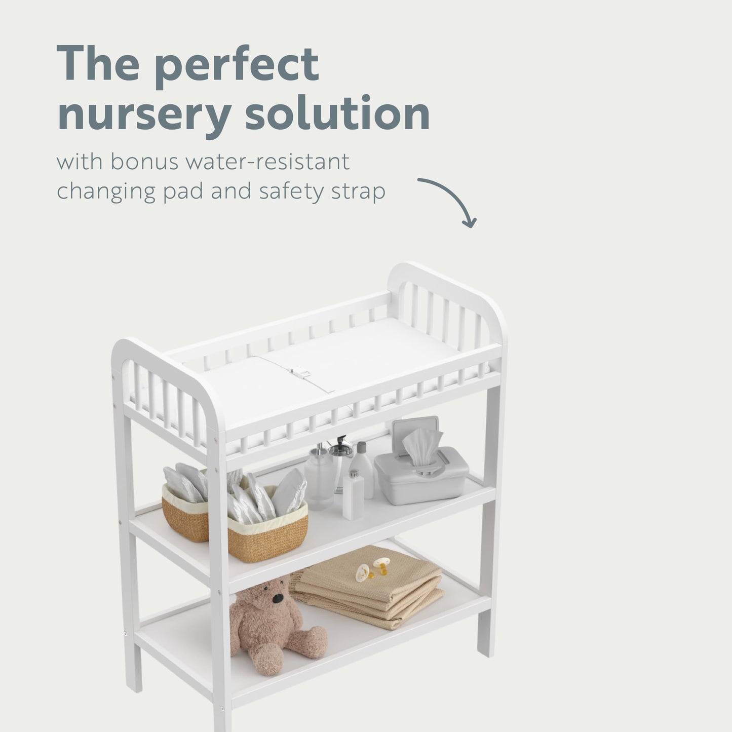 Storkcraft Pasadena Changing Table with Water-Resistant Changing Pad (Driftwood) - GREENGUARD Gold Certified, Includes Bonus Water-Resistant Changing Pad with Safety Strap, 2 Open Shelves