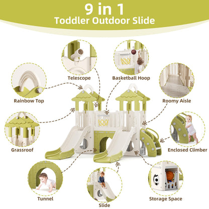 KORIMEFA 10-in-1 Toddler Slide, Kid Double Slide for Toddlers Age 1-3, Basketball Hoop, and Telescope, Indoor Outdoor Slide Toddler Playset Toddler Playground, Forest Themed Brown