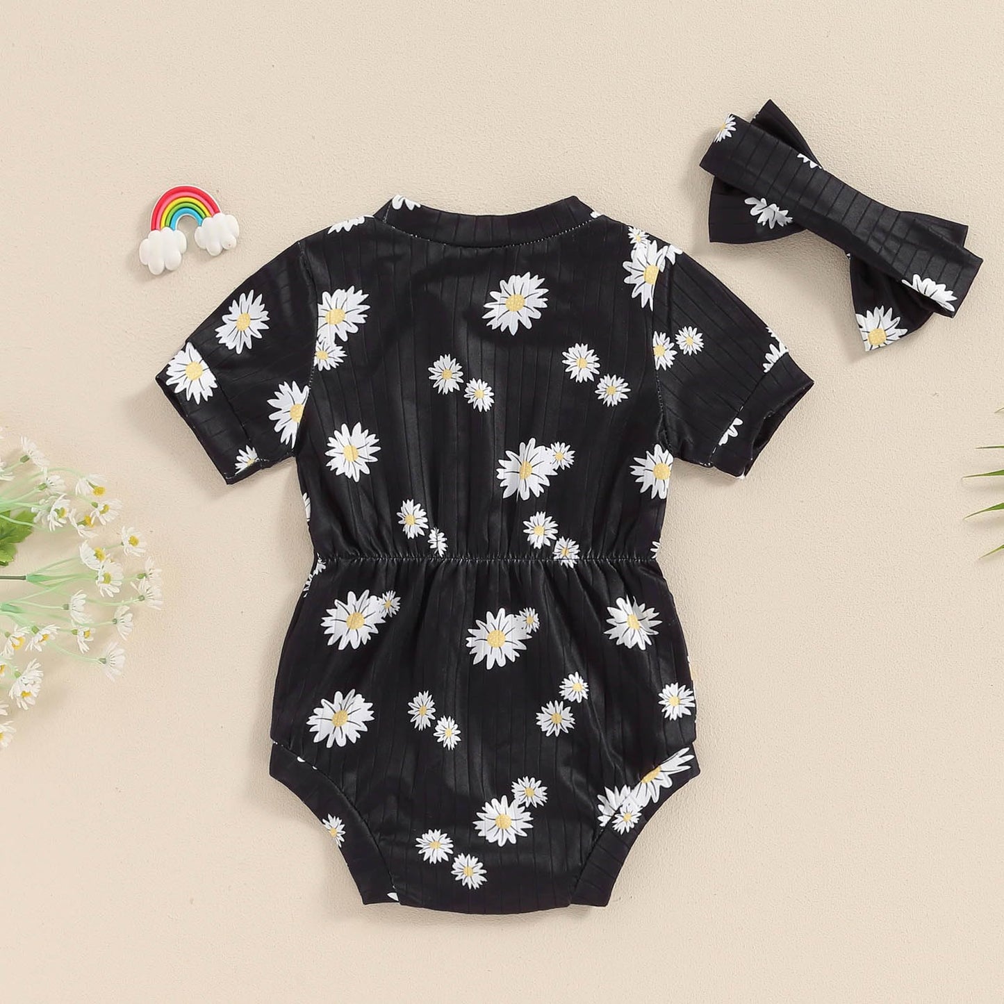 Baby Girl Summer Clothes Ribbed Short Sleeve Romper Solid Color Bodysuits Bow Headband Outfit Newborn Girl Jumpsuit
