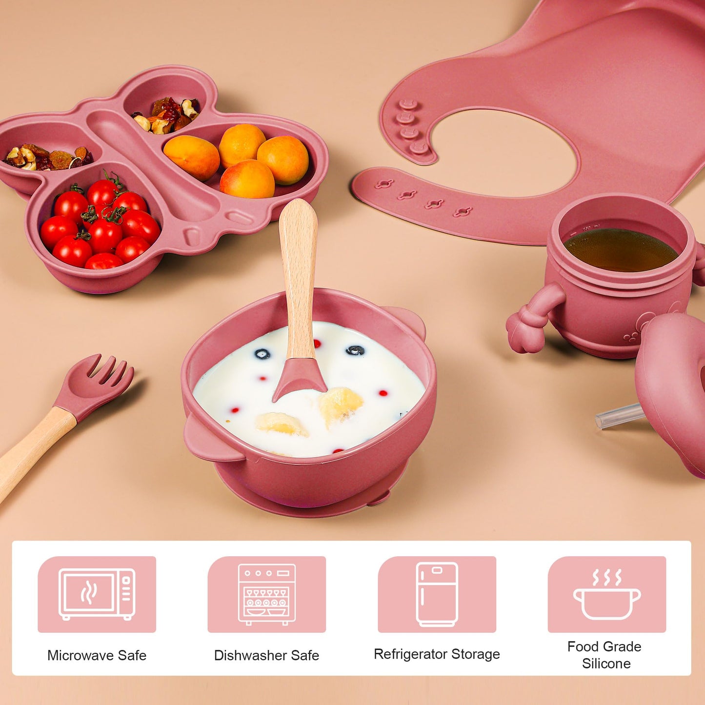 Silicone Baby Feeding Set, Baby Led Weaning Supplies, Silicone Suction Butterfly Plate, Bowl, Spoons, Fork and Waterproof Bib & Cloth Bib, Eating Utensils Baby Feeding Essentials (Purple)