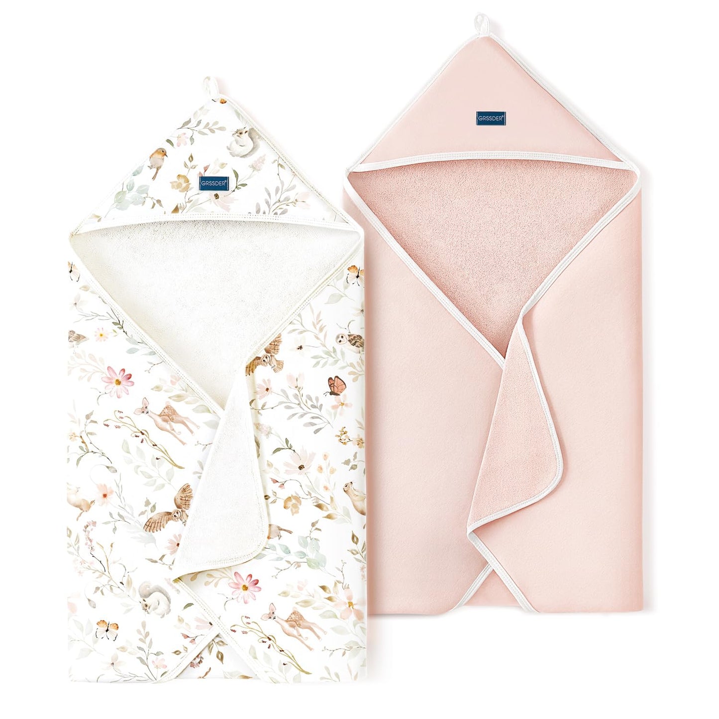 GRSSDER Baby Hooded Towel 2 Pack for Newborn, Super Soft Bath Towels with Original Design, Ultra Absorbent Knit Terry, Large Toddler Towels with Hood for Girls, Shower Gifts for Infant, 34"x 34"