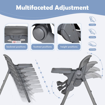 4 in 1 High Chairs for Babies and Toddlers, Convertible Foldable Baby High Chairs, Feeding and Eating Seat Highchair with 4 Levels of Recline and 7 Levels of Height Adjustment, Gray