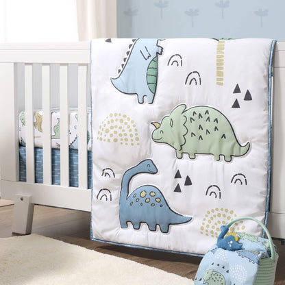 The Peanutshell 5 Piece Baby Crib Bedding Set for Boys - Newborn, Infant & Toddler Nursery Bed Set Decor with Fitted Crib Sheets, Blanket, Dust Ruffle Comforter - Blue Dino