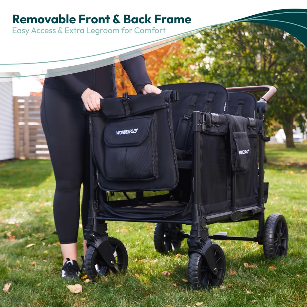 WONDERFOLD W4 Luxe Quad Stroller Wagon Featuring 4 High Face-to-Face Seats with Magnetic Buckle 5-Point Harnesses and Adjustable/Removable UV-Protection Canopy, Hunter Green