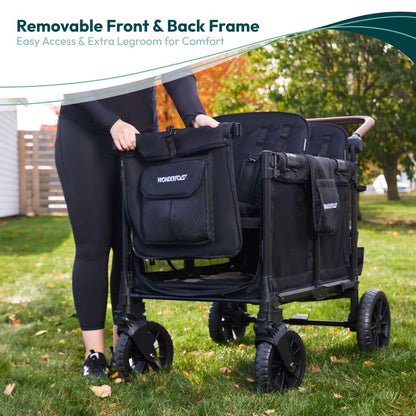 WONDERFOLD W4 Luxe Quad Stroller Wagon Featuring 4 High Face-to-Face Seats with Magnetic Buckle 5-Point Harnesses and Adjustable/Removable UV-Protection Canopy, Hunter Green
