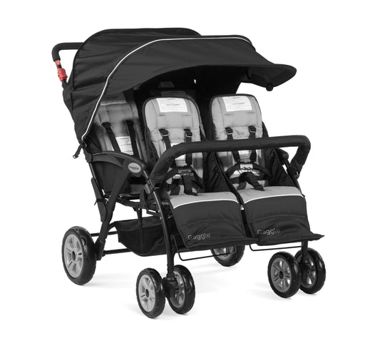 Gaggle by Foundations Compass Quad 4 Seat Stroller | 4-Seat Stroller for Daycare | Oversized UV Blocking Canopy | 5-Point Harness | Easy Loading | Storage Bucket | Black