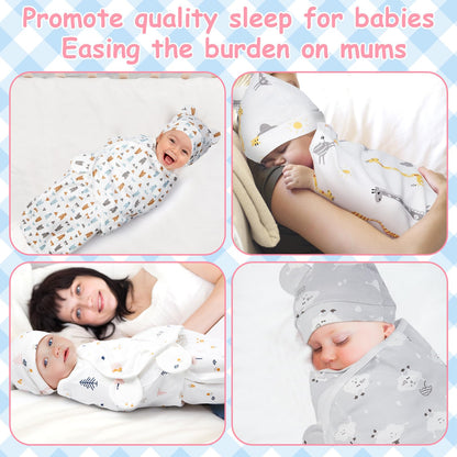 Ramede 6 Pack Baby Swaddle Blanket with Hats Sleep Swaddle for 0-3 Months Newborn Sacks Soft Cotton Wearable for Boy Girl