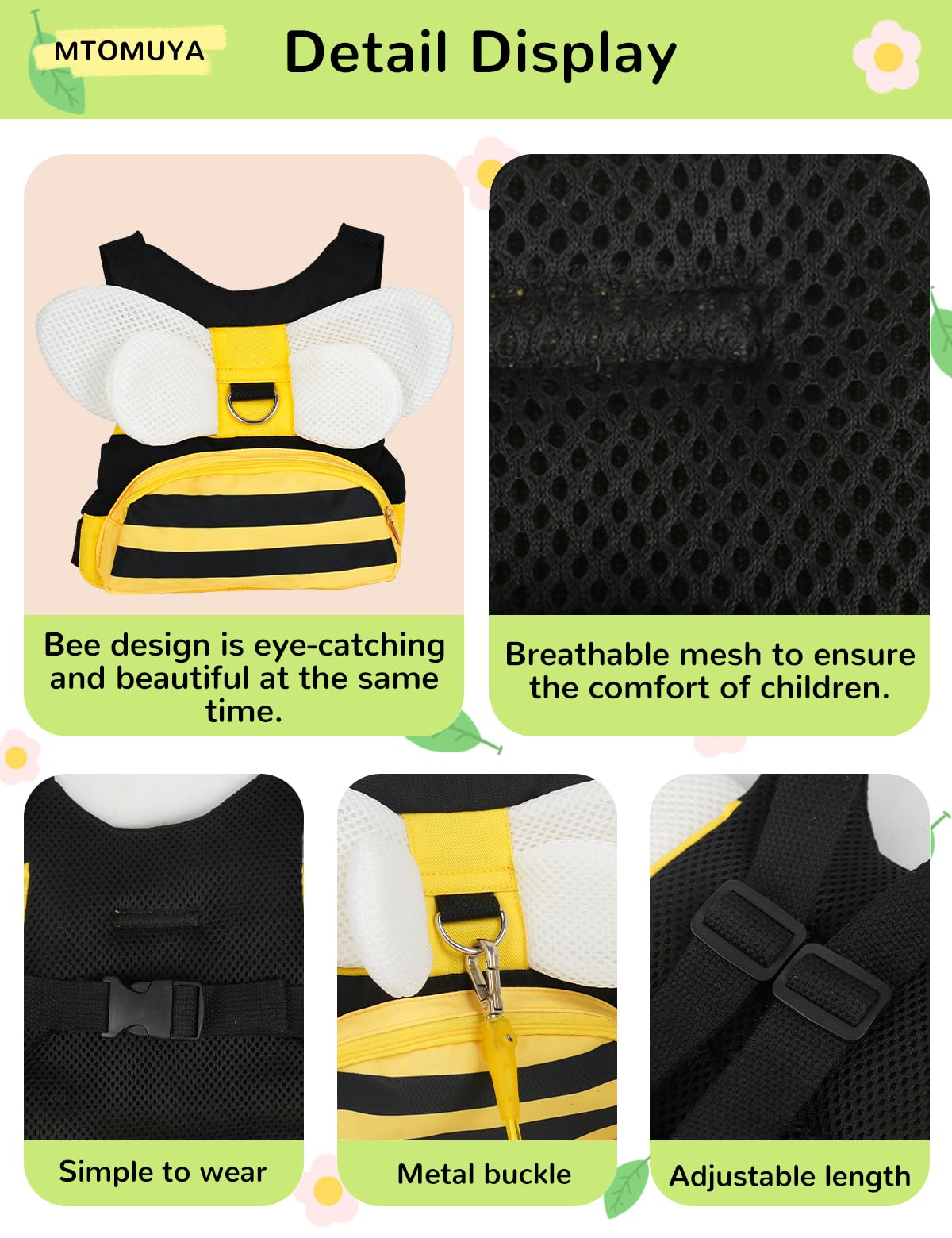 Toddler Harness with Anti Lost Wrist Link - 3-in-1 Baby Safety Leash Backpack, Adjustable Kids Walking Belt with Pocket,Child Locking Wristband for Boys & Girls for Outdoor Travel, Yellow Bee