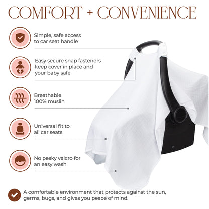 Comfy Cubs Baby Car Seat Cover - Soft, Breathable Bamboo Rayon and Muslin Cotton Blend - Lightweight Canopy for Sun, Bug, and Comfort Protection - Large Size Infant Seat Cover in Sage Design