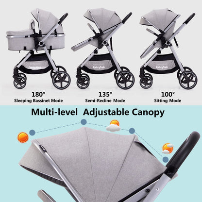 2-in-1 Baby Stroller with Bassinet Mode - Folding Infant Newborn Pram Stroller with Reversible Seat - Toddler Strollers for 0-36 Months Old Babies (Beige)