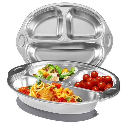Mrs. Chou® Stainless Steel Baby Suction Plates Divided Designed for Babies and Toddlers, Made of 100% Food-Grade Materials Ideal for Baby-Led Weaning BPA-Free Toddler Feeding Supplies Dishwasher Safe