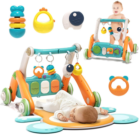 2 in 1 Baby Gym with Walker,Baby Play Mat with 4 Infant Learning Sensory,Double-Sided Multifunctional Removable Play Piano Panel,Sit-to-Stand Learning Walker for 0-24 Months Boy Girl [White]