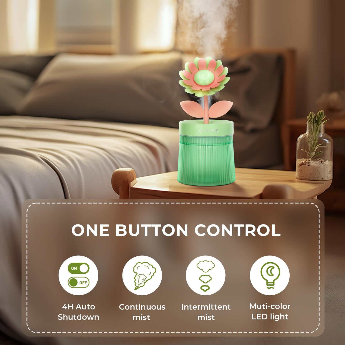 Cute Flower Mini Humidifier, 260ml Gardenia Desktop Humidifiers for Bedroom, Portable Small Cool Mist Humidification for Home, Baby Nursery, Office & Indoor Plants, USB Powered (Pink)