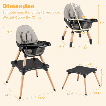 BABY JOY 6 in 1 High Chair, Convertible High Chairs for Babies and Toddlers/Booster Seat/Table and Chair Set, Infant Wooden Highchair w/ 5-Point Harness, 4-Position Removable Tray & PU Cushion, Coffee