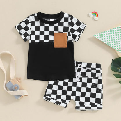 Toddler Baby Boy Summer Clothes Set Short Sleeve Checkered Tops & Shorts Novelty Color Block Outfits