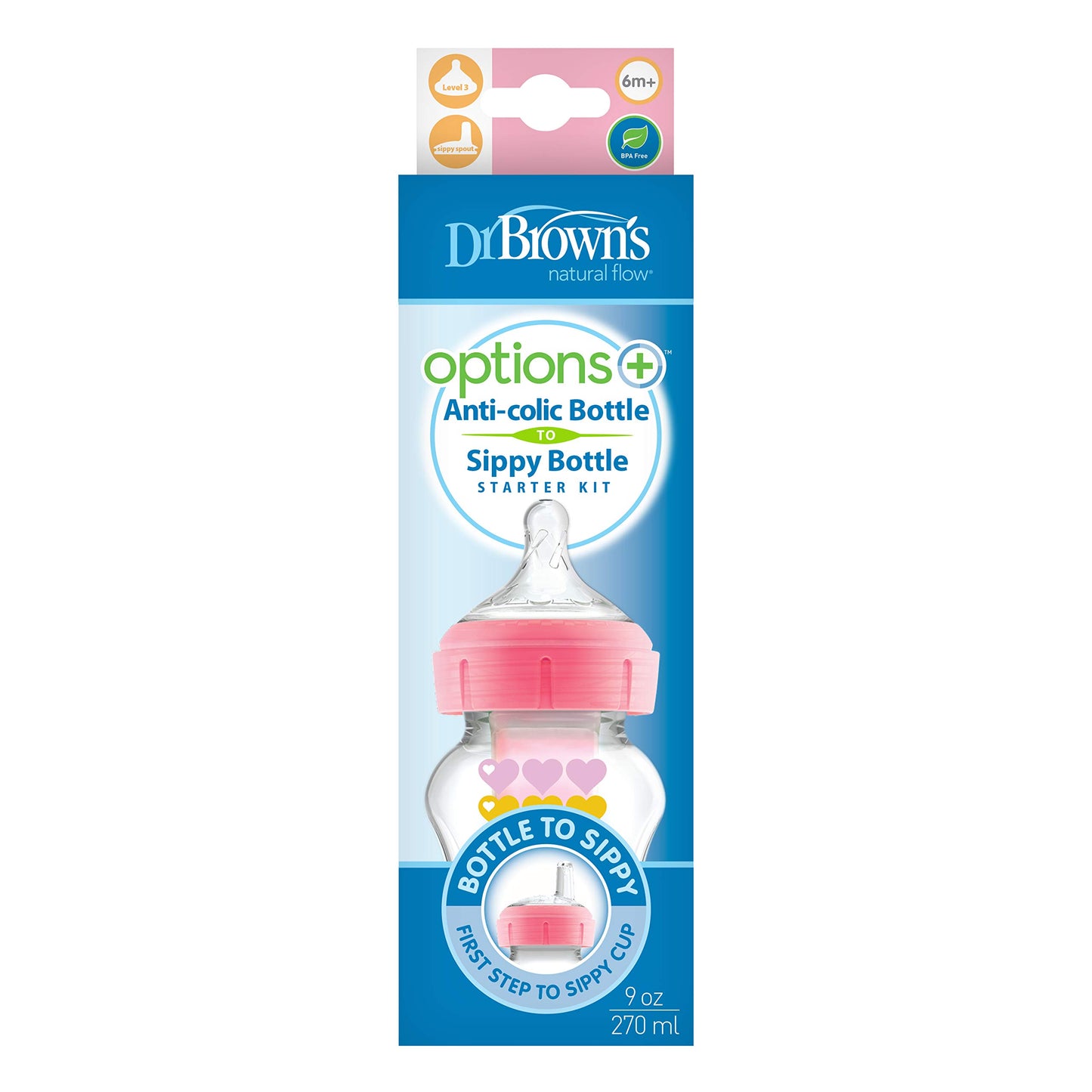 Dr. Brown’s Anti-Colic Options+ Wide-Neck Sippy Bottle Starter Kit, 9oz/270mL, with Level 3 Medium-Fast Flow Nipple and Soft 100% Silicone Sippy Spout, Pink, BPA Free, 6m+