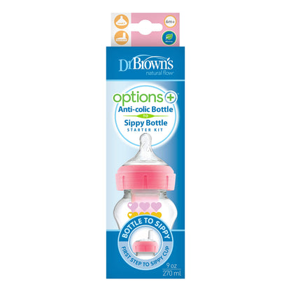 Dr. Brown’s Anti-Colic Options+ Wide-Neck Sippy Bottle Starter Kit, 9oz/270mL, with Level 3 Medium-Fast Flow Nipple and Soft 100% Silicone Sippy Spout, Pink, BPA Free, 6m+