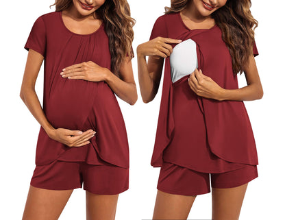 Ekouaer Women's Maternity Nursing Pajamas Set Breastfeeding Sleepwear Double Layer Short Sleeve Top & Shorts Nursing Pjs