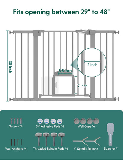 Babelio Upgraded Baby Gate with Cat Door, 29-43" Auto Close Durable Dog Gate for Stairs, Doorways and House, Easy Walk Thru Safety Gate with Pet Door Includes 4 Wall Cups, Black