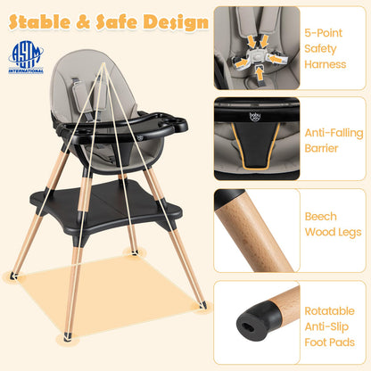 BABY JOY 6 in 1 High Chair, Convertible High Chairs for Babies and Toddlers/Booster Seat/Table and Chair Set, Infant Wooden Highchair w/ 5-Point Harness, 4-Position Removable Tray & PU Cushion, Coffee