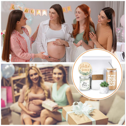Honeydak New Mom Gifts for Women, Green Leaf Theme Pregnancy Gifts for Expecting Mother, New Mom Care Package After Baby Basket Essentials, Congrats on Postpartum Present with 16 oz Mama Glass Cup