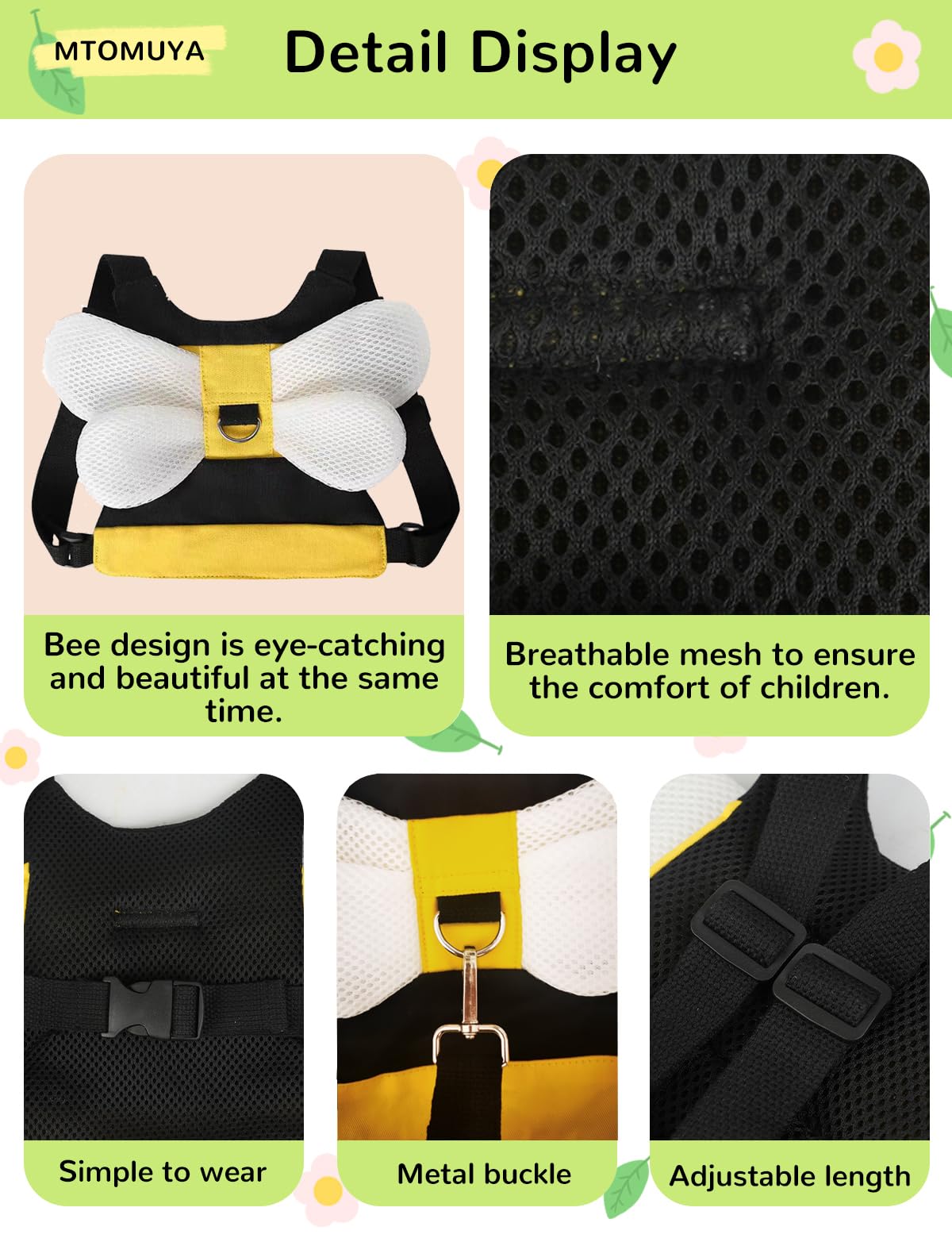 Toddler Harness with Anti Lost Wrist Link - 3-in-1 Baby Safety Leash Backpack, Adjustable Kids Walking Belt with Pocket,Child Locking Wristband for Boys & Girls for Outdoor Travel, Yellow Bee