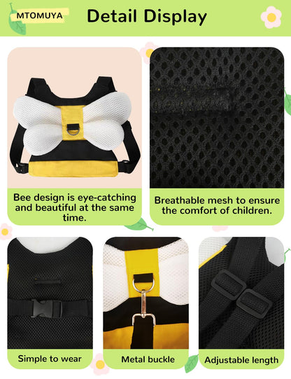 Toddler Harness with Anti Lost Wrist Link - 3-in-1 Baby Safety Leash Backpack, Adjustable Kids Walking Belt with Pocket,Child Locking Wristband for Boys & Girls for Outdoor Travel, Yellow Bee