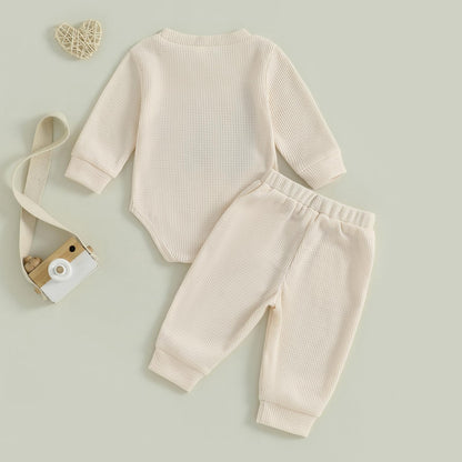 Douhoow Baby Boy Clothes Letters Embroidered Baby Sweatshirt Romper Waffle Pants Set Infant Boy Fall Winter Outfits