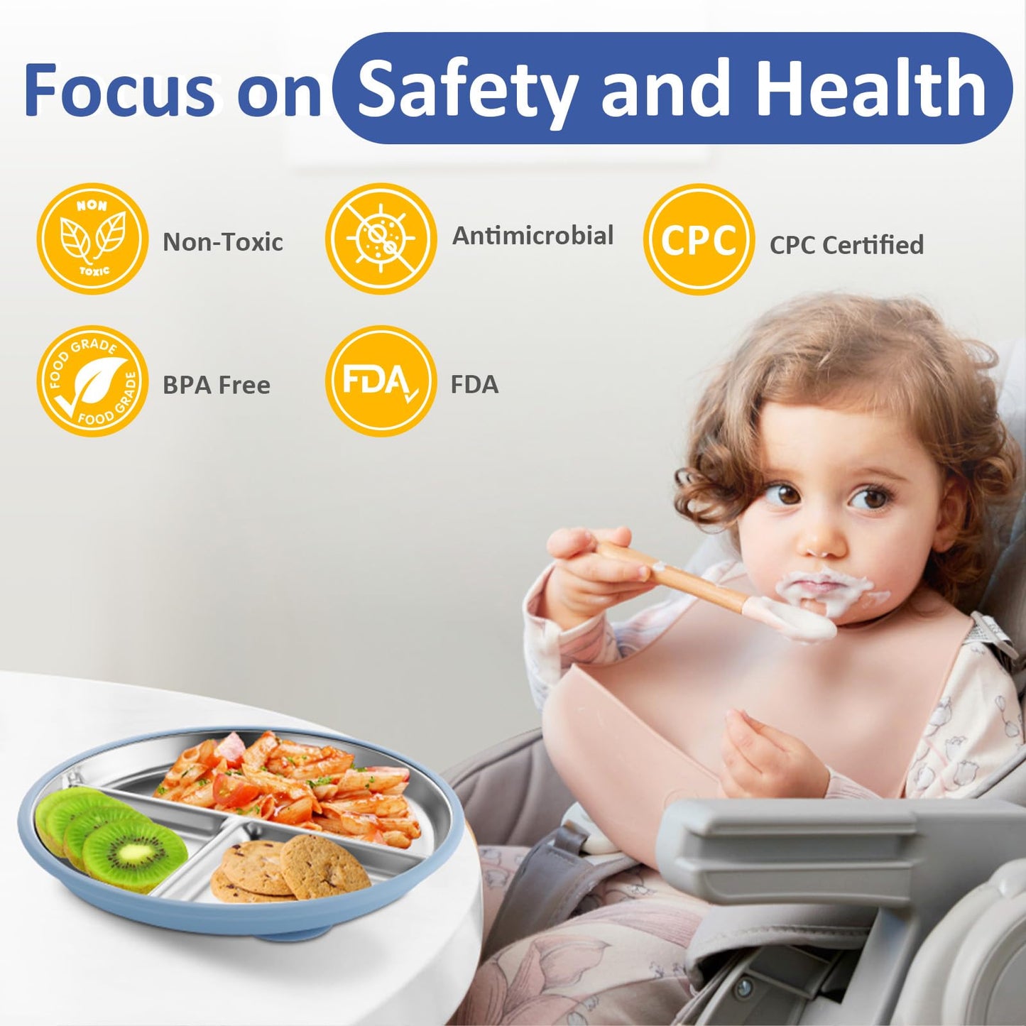 Stainless Steel Baby Plate with Suction, 9” Divided Toddler Plates with Removable Silicone Sleeves for Kids, Non-Toxic Non-Slip Unbreakable Dishwasher Safe Dinnerware Set of 2, Pink & Beige