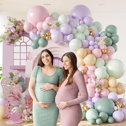 157pcs Pastel Pink and Purple Balloon Arch Garland Kit, Pink Purple Teal Light Green Nude Metallic Gold Latex Balloons for Baby Shower Spring Garden Tea Party Decorations