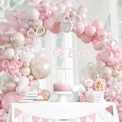 Pink Bow Balloon Arch Kit with Clear Light Pearl Pink and White Balloons for Coquette Bow Themed Bridal Baby Shower Wedding Birthday Party Decorations