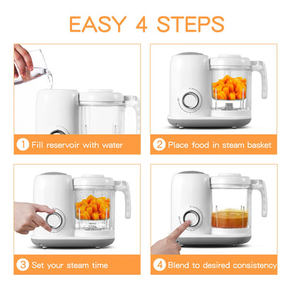 Baby Food Maker, 4 in 1 Baby Food Processor and Steamer, Puree Blender, Multifunctional Baby Puree Maker, Dishwasher Safe, White