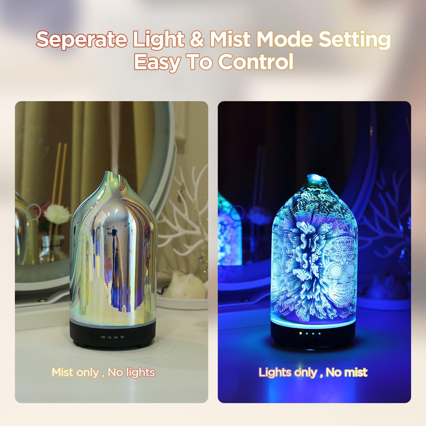 Essential Oil Diffuser Hand Blown Glass Aromatherapy Diffuser - Ultrasonic Cool Mist Scent Aroma Diffuser, Whisper Quiet with Auto Shut-Off, Timer Setting &7 Colors Night Light for Home