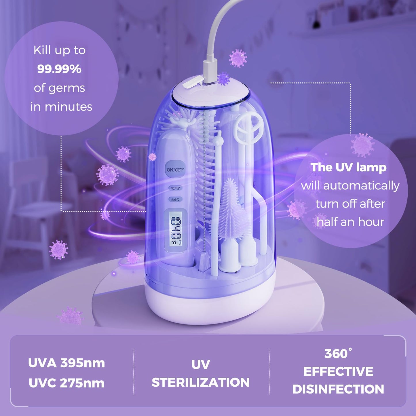 Electric Bottle Brush Cleaner,Rechargable Baby Bottle Brush with Thermometer,Drying Rack,Waterproof Baby Bottle Cleaner with Nipple&Straw Brush,Perfect Essentials Gift for New Mom (Violet)