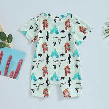 Gueuusu Country Baby Clothes Boy Girl Western Cow Print Short Sleeve Romper Bodysuit Ribbed One Piece Jumpsuit Summer Outfit