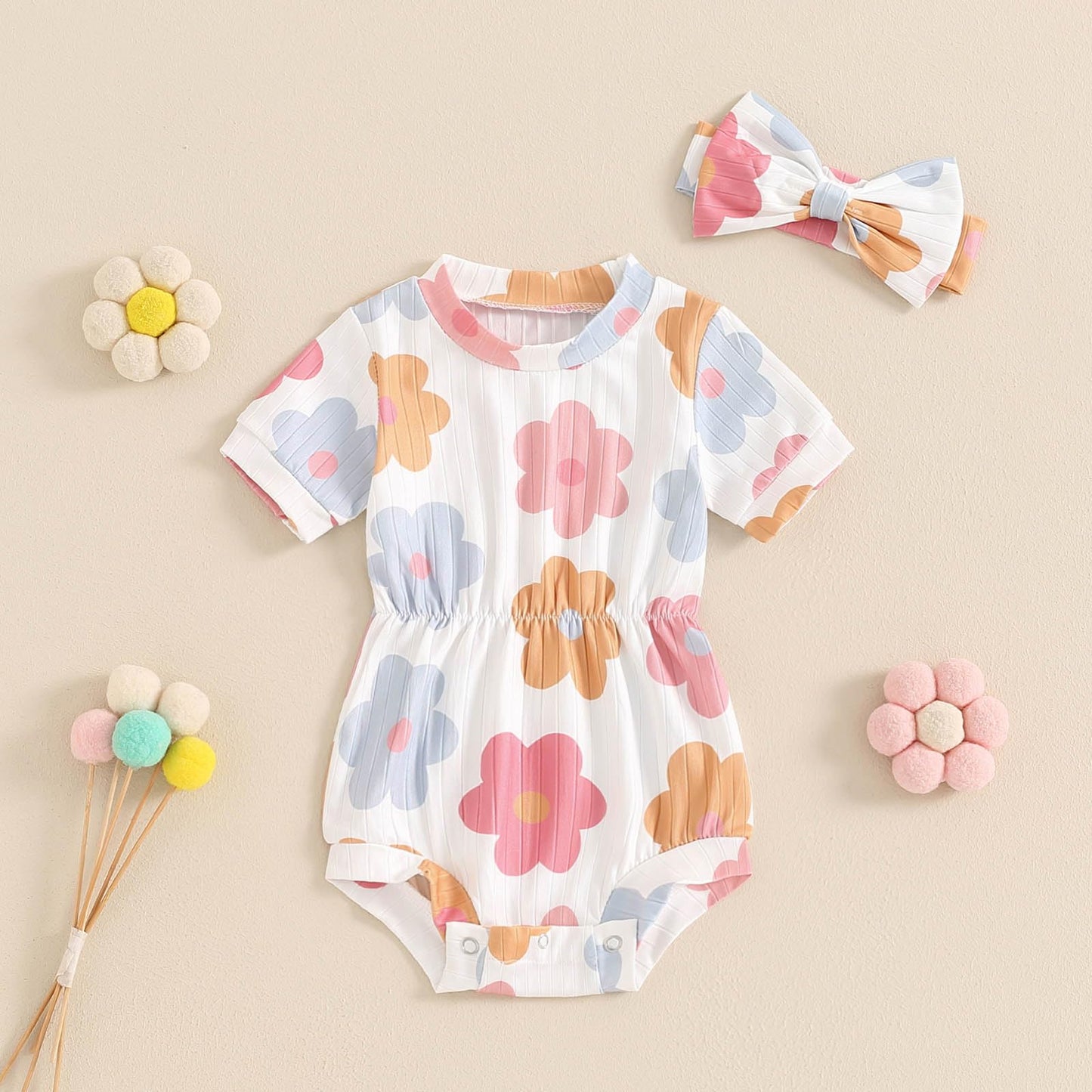 Baby Girl Summer Clothes Ribbed Short Sleeve Romper Solid Color Bodysuits Bow Headband Outfit Newborn Girl Jumpsuit