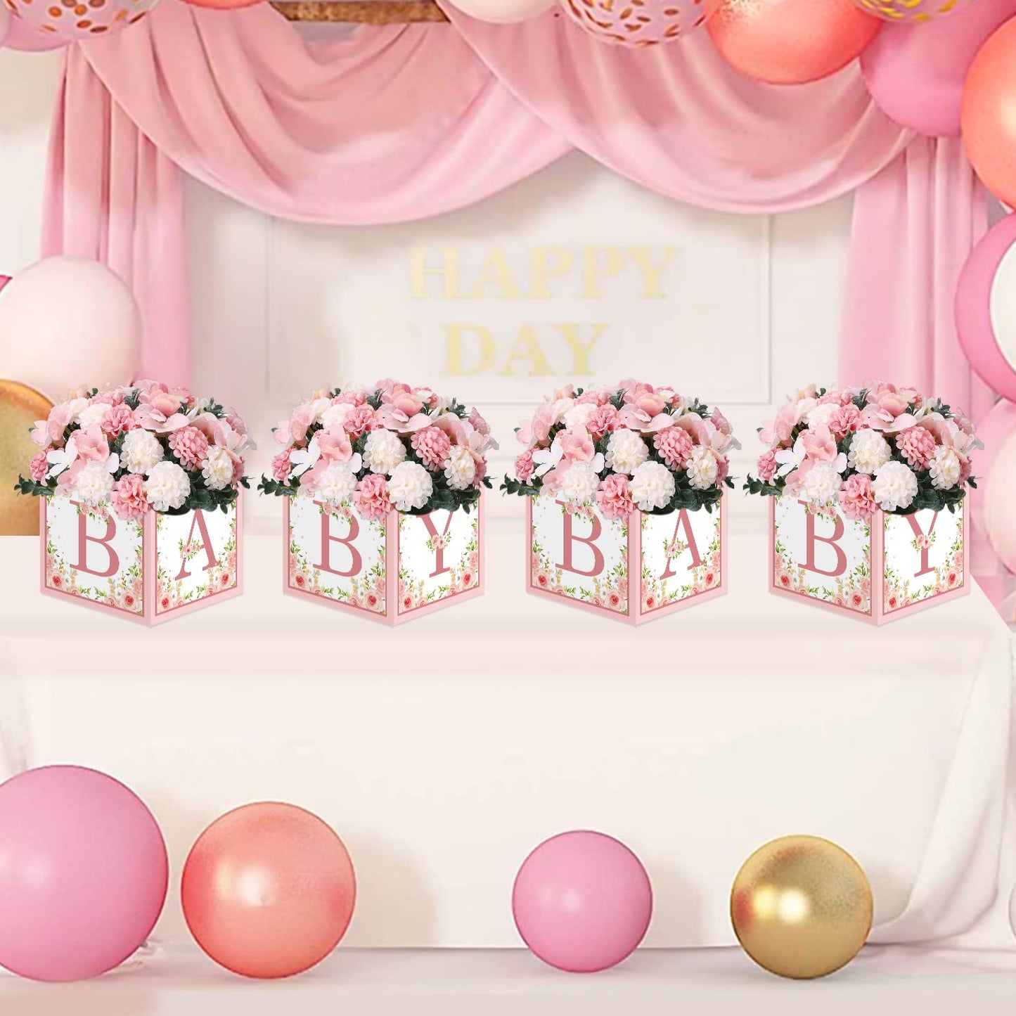 TSVATE Pink Baby Shower Boxes Decorations - 4 Baby Shower Centerpiece Boxes Gender Reveal First Birthday Centerpiece Decors (Without Flowers)