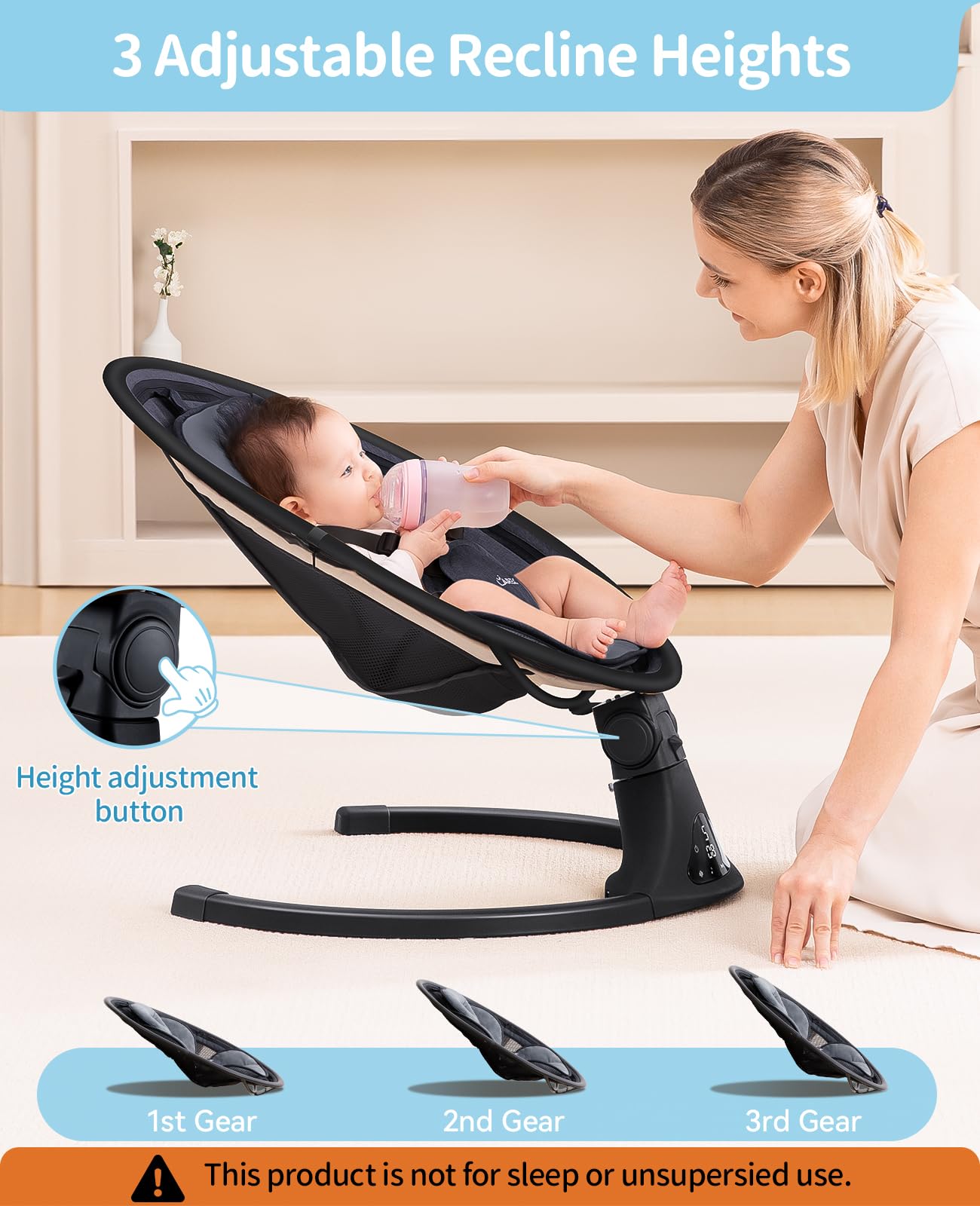 LAREX Baby Swing to Toddler Electric Infant Swing Portable for Newborn Boy Girl, 5 Sway Speeds with Remote Control, 12 Preset Melodies and Bluetooth, 0-6 Months Max 20 Lbs(Dark Wood Grain)
