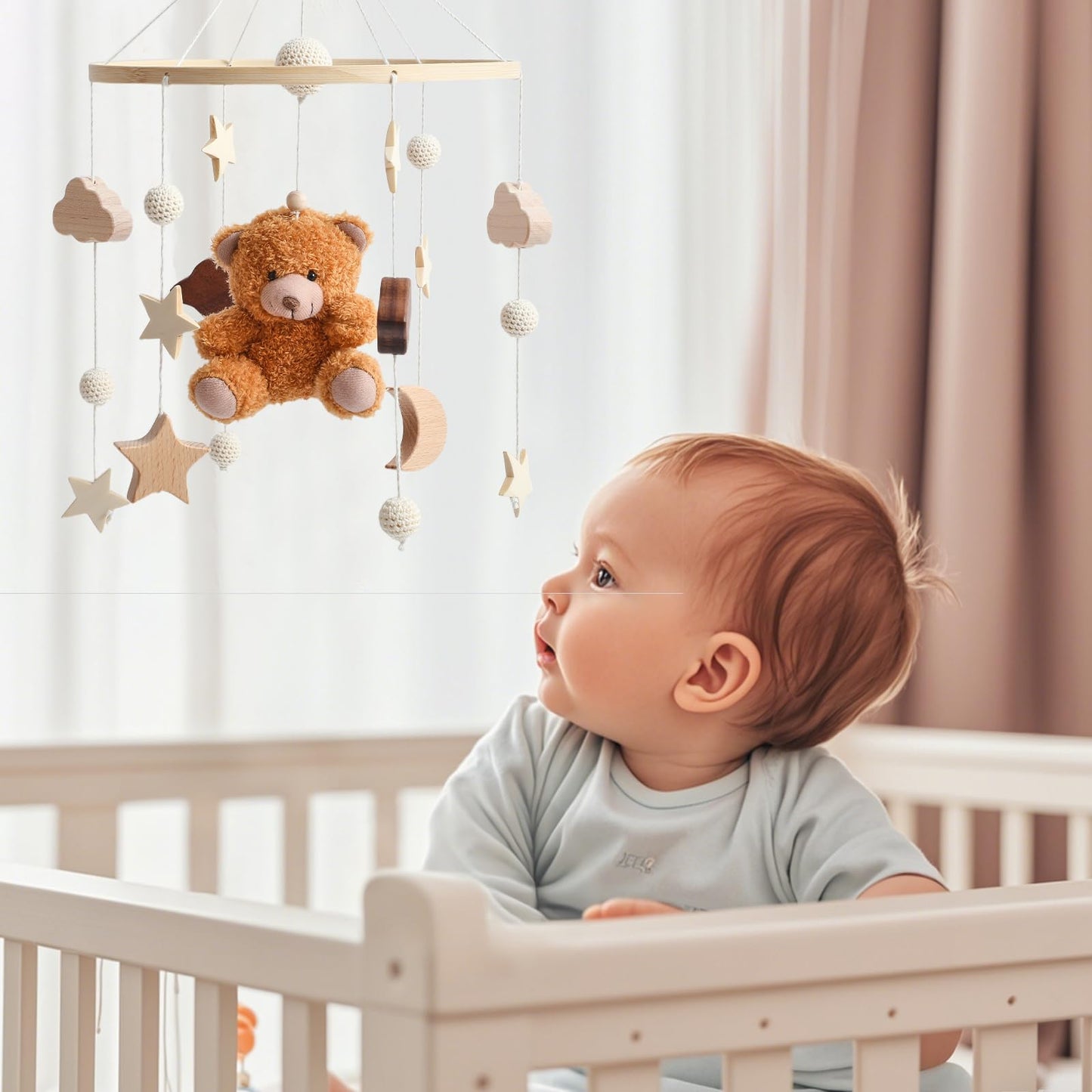 EERKEOD Baby Crib Mobile Bear Nursery Mobile for Boys Girls Teddy Velvet Mobile Nursery Decor for Infant Bedroom Hanging Baby Mobile for Bassinet Newborn Baby Gift（Brown Bear）