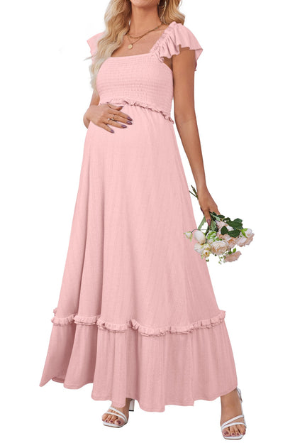 OUGES Womens 2025 Summer Maternity Photoshoot Dress Boho Maxi Smocked Baby Shower Dress Ruffle Sleeve Maternity Clothes