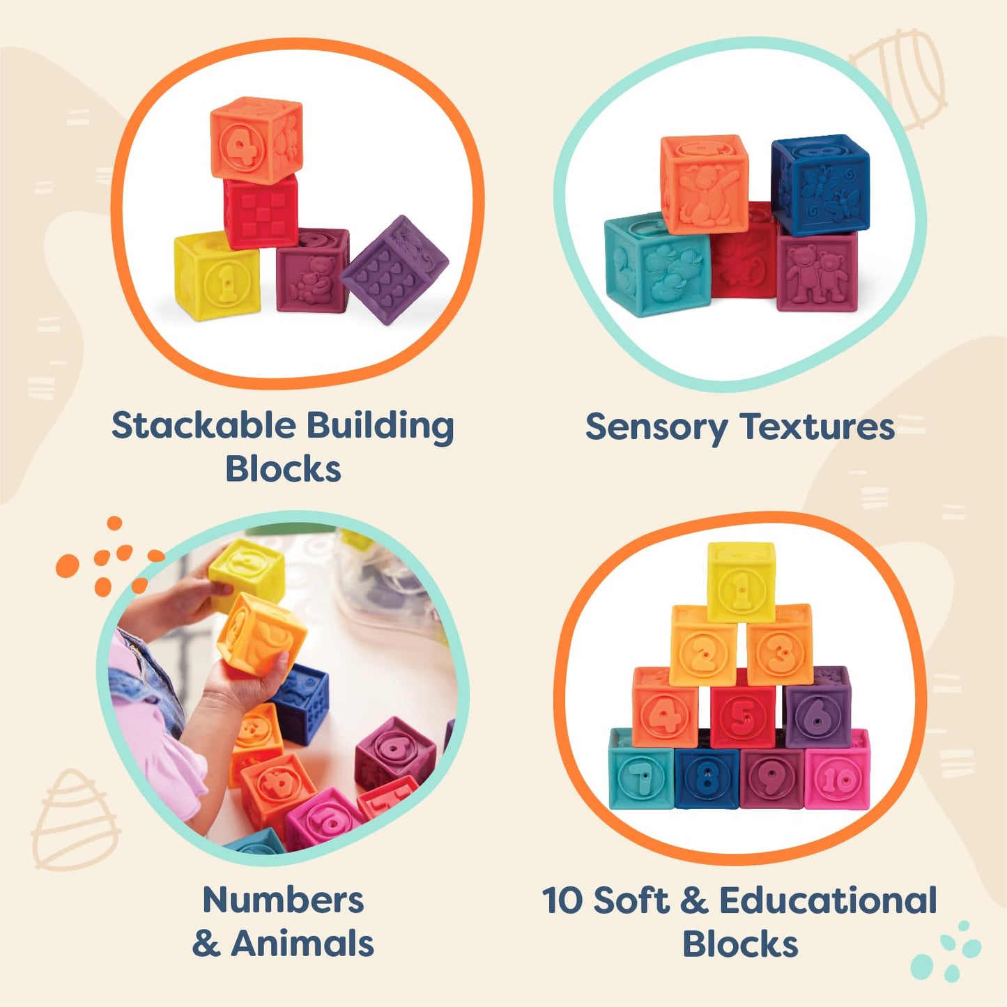 B. toys – Baby Blocks – Stacking & Building Toys For Babies – 10 Soft & Educational Blocks- Numbers, Shapes, Colors, Animals- One Two Squeeze- 6 Months +