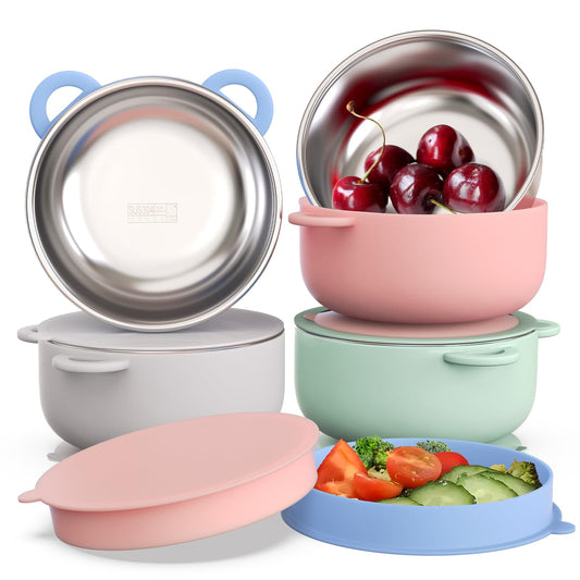Baby Suction Bowls with Lids 4-Pack, 2-in-1 Stainless Steel 304 Toddler Bowl & Removable Silicone Suction Kids Bowl Plate Set Non Toxic Snack Dishes for Self-Feeding, Sunrise Meadow
