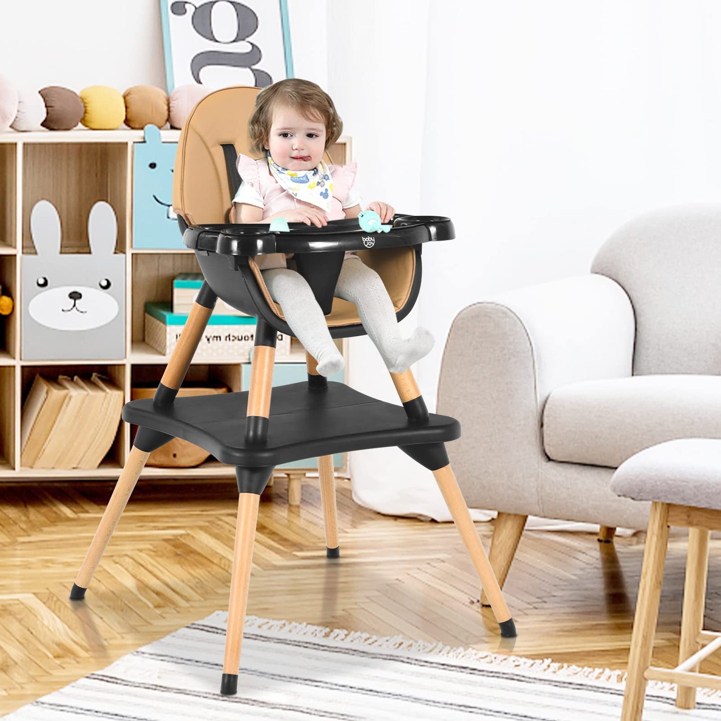 BABY JOY 6 in 1 High Chair, Convertible High Chairs for Babies and Toddlers/Booster Seat/Table and Chair Set, Infant Wooden Highchair w/ 5-Point Harness, 4-Position Removable Tray & PU Cushion, Coffee