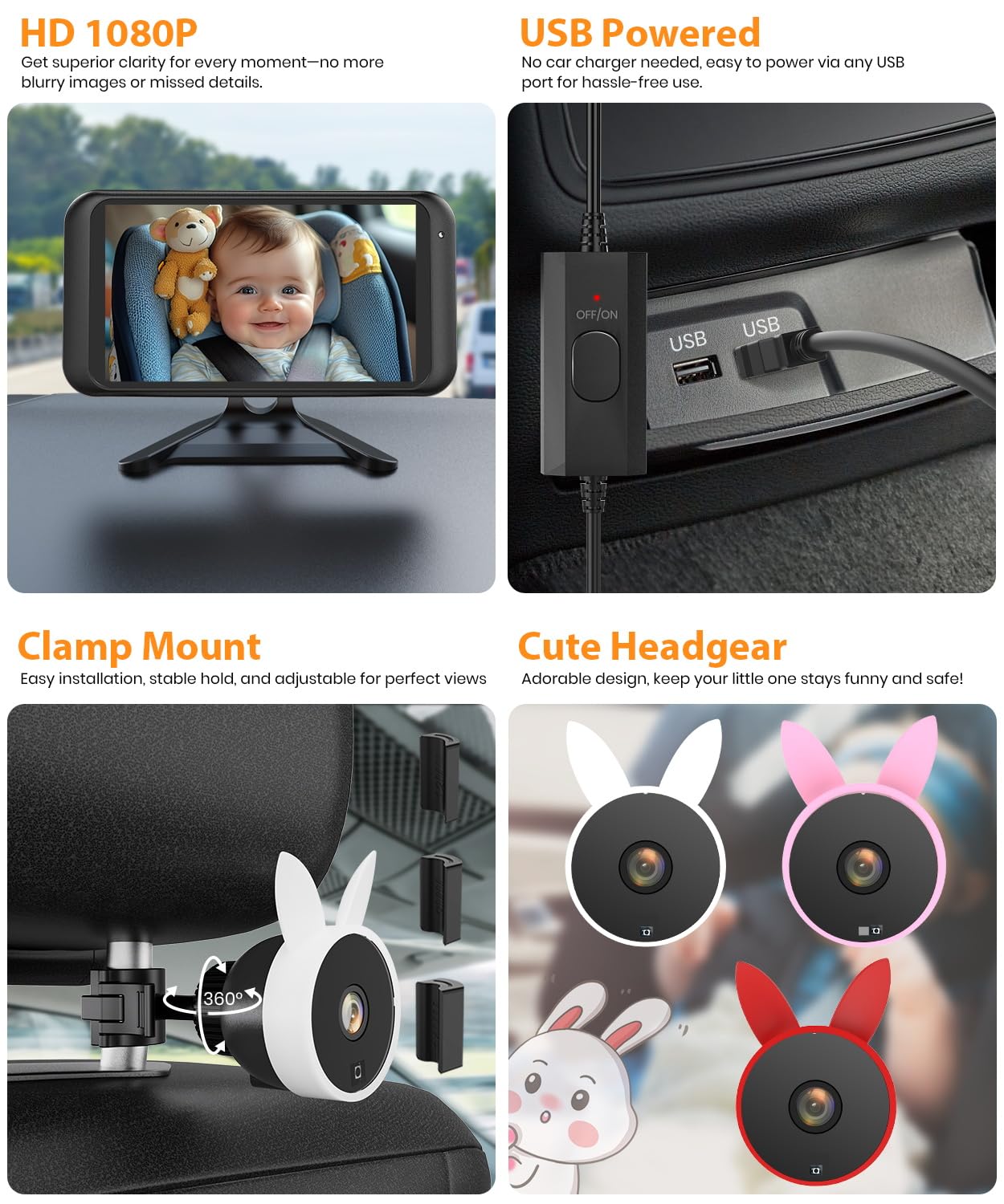 USB Baby Car Camera Plug-Play, 4.5" 1080P Easy Setup Backseat Camera with Flexible 360 Rotation, Clear Picture Rear Facing Car Seat Baby Monitor