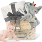 Baby Gift Basket, Newborn Baby Boy Gift Basket, Multiple Pieces Newborn Essentials for New Baby Gifts Basket Set with Baby Blanket, Baby Bunny Rattle, Keepsake Milestone, Elephant Toy, Baby Socks
