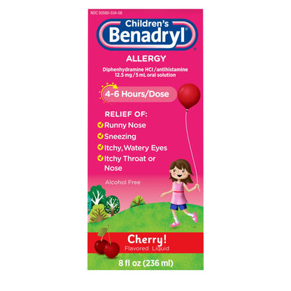 Benadryl Children's Dye-Free Allergy Relief Liquid + 12.5 mg Diphenhydramine HCl, Antihistamine Allergy Medicine for Kids Helps Relieve Runny Nose & Sneezing, Bubble Gum Flavor, 8 fl. oz