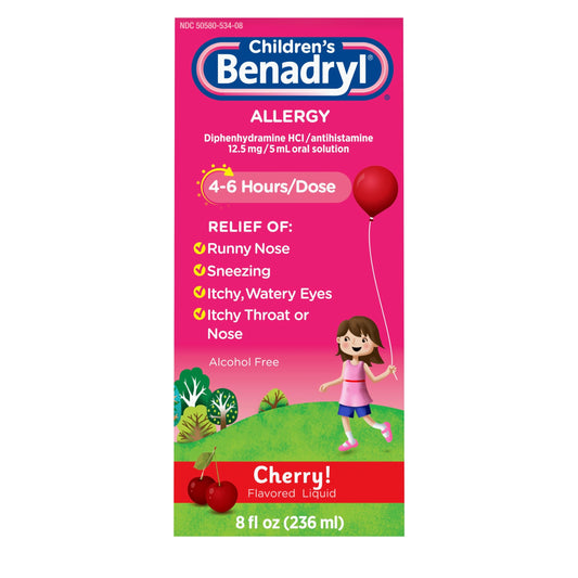 Benadryl Children's Dye-Free Allergy Relief Liquid + 12.5 mg Diphenhydramine HCl, Antihistamine Allergy Medicine for Kids Helps Relieve Runny Nose & Sneezing, Bubble Gum Flavor, 8 fl. oz