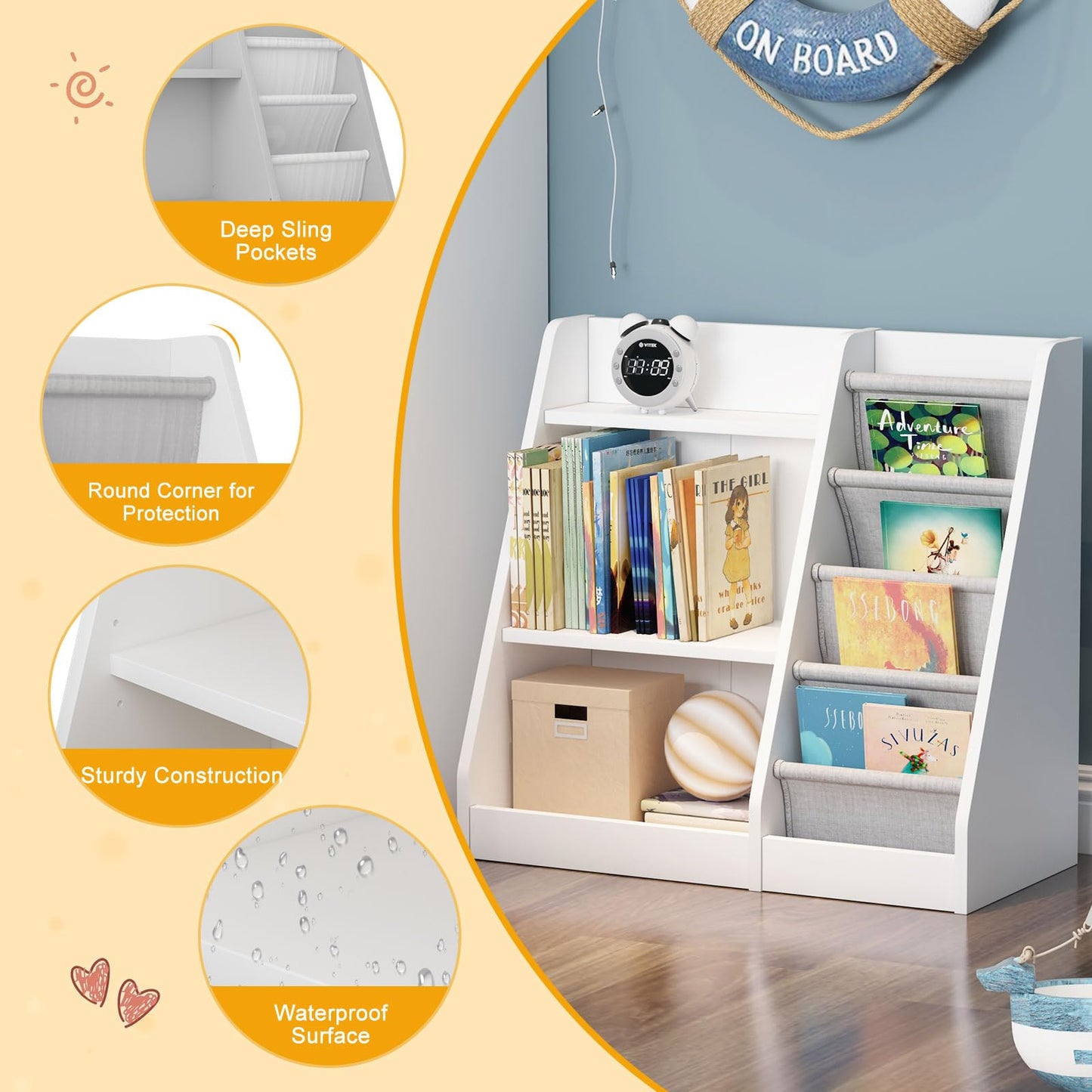 White Kids Bookshelf Wood Toy Storage Organizer Cabinet Children Bookcase Toddler Baby Sling Book Rack 3 Cube Bins Fabric Drawers for Playroom Bedroom Nursery School