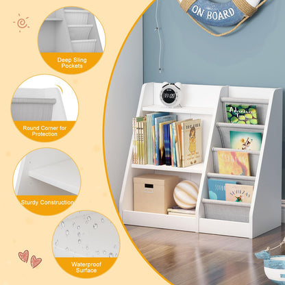 White Kids Bookshelf Wood Toy Storage Organizer Cabinet Children Bookcase Toddler Baby Sling Book Rack 3 Cube Bins Fabric Drawers for Playroom Bedroom Nursery School
