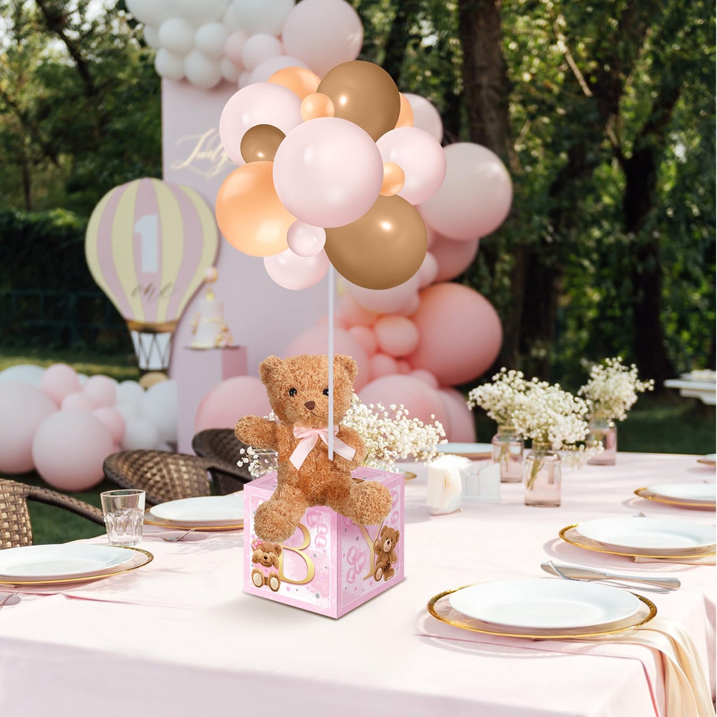 Lenwen 6 Sets Pink Bear Decorations for Baby Shower, Baby Letter Boxes Baby Shower Table Centerpieces Bear Stuffed Animals Balloon with Stand Bear Plush Toy Baby Boxes for Birthday Party Wedding